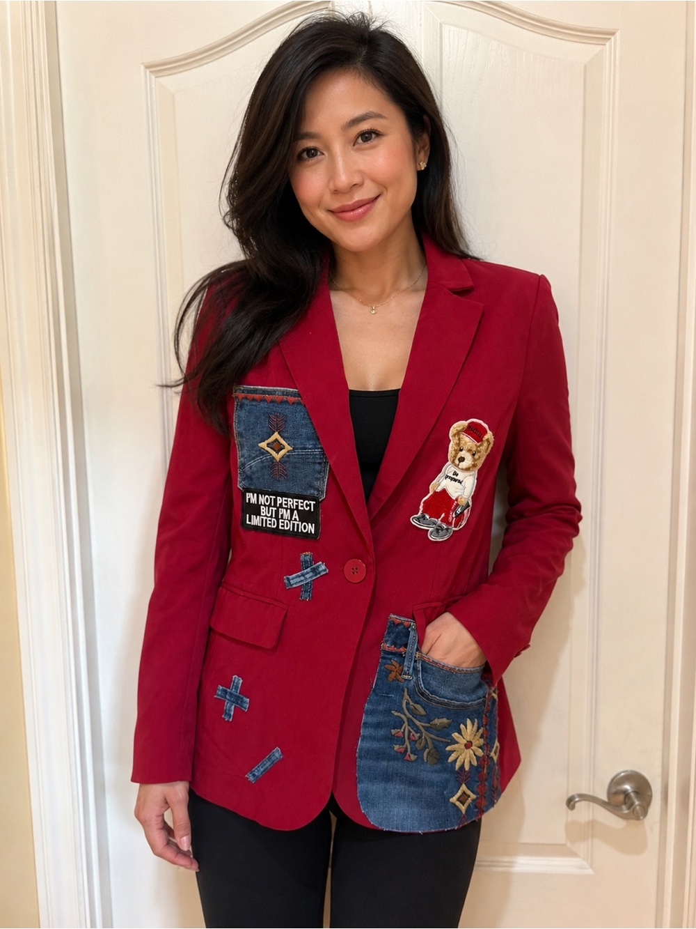 Upcycled  cranberry Red Embroidered Patch Blazer Jacket size S